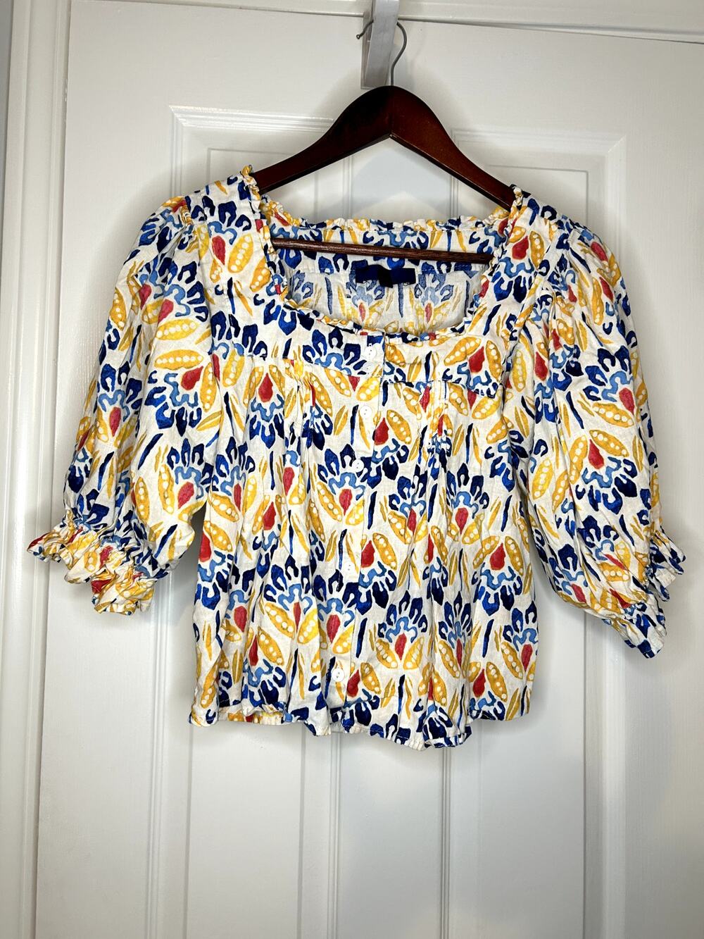 Rachel Rachel Roy Women XS Linen Blend Boho Peasant Crop Floral Puff Sleeve Top